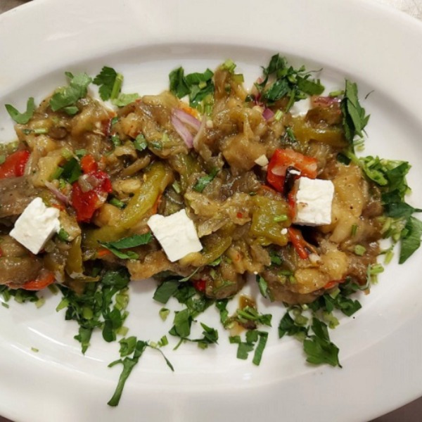 Cold eggplant salad dip with vegetables